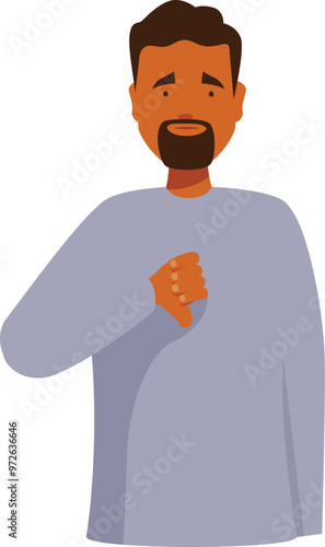 Cartoon man is gesturing with his thumb down to show disapproval or dislike