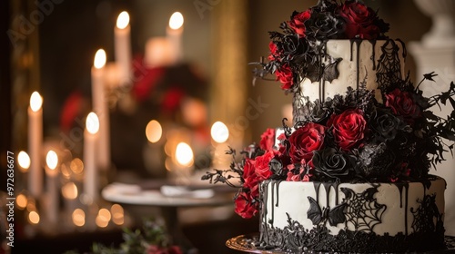 Illustrate a Halloween-themed wedding with a gothic cake and dark floral arrangements 50 keywords
