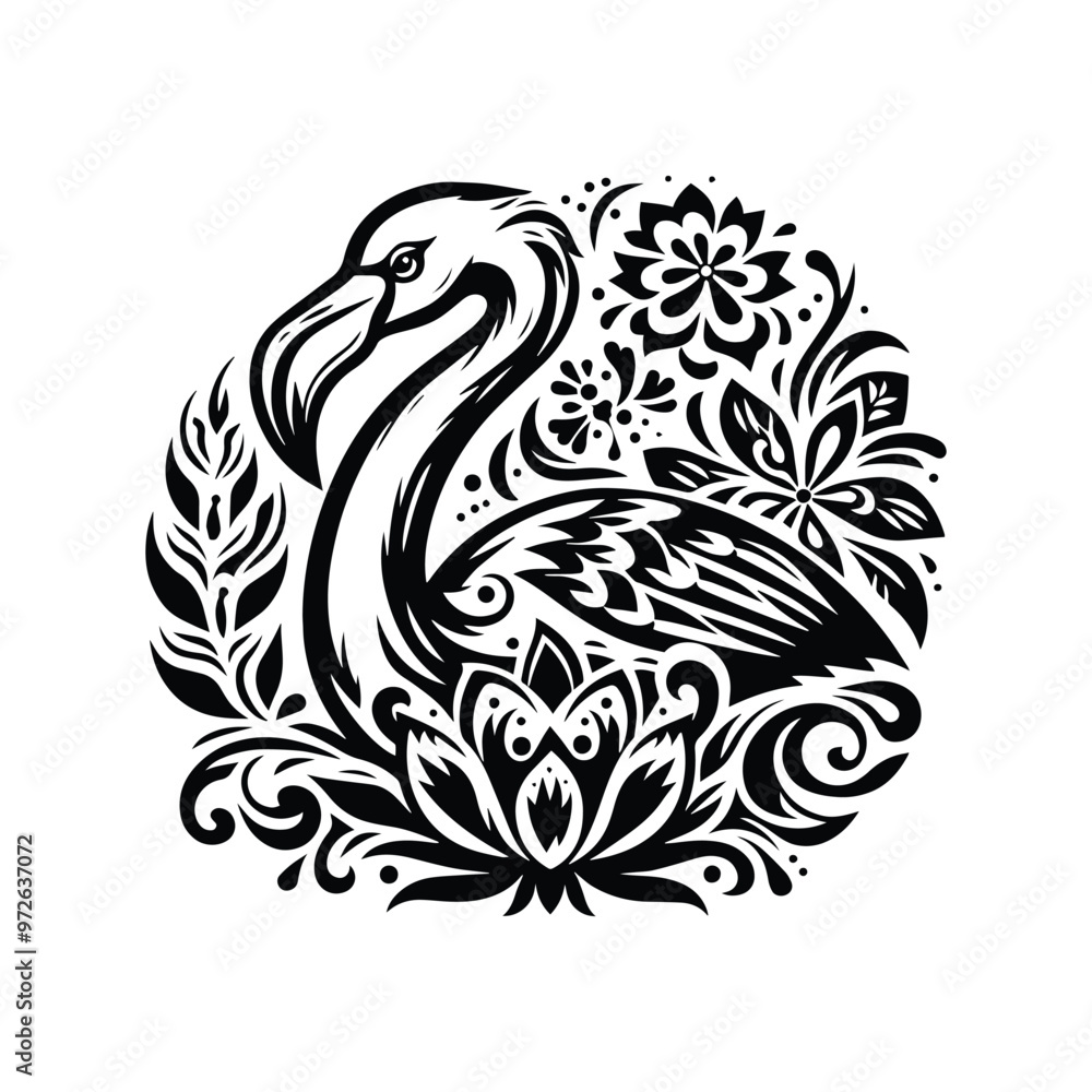 Flamingo bird in folk art black and white silhouette illustration Flamingo bird in folk art black and white silhouette illustration