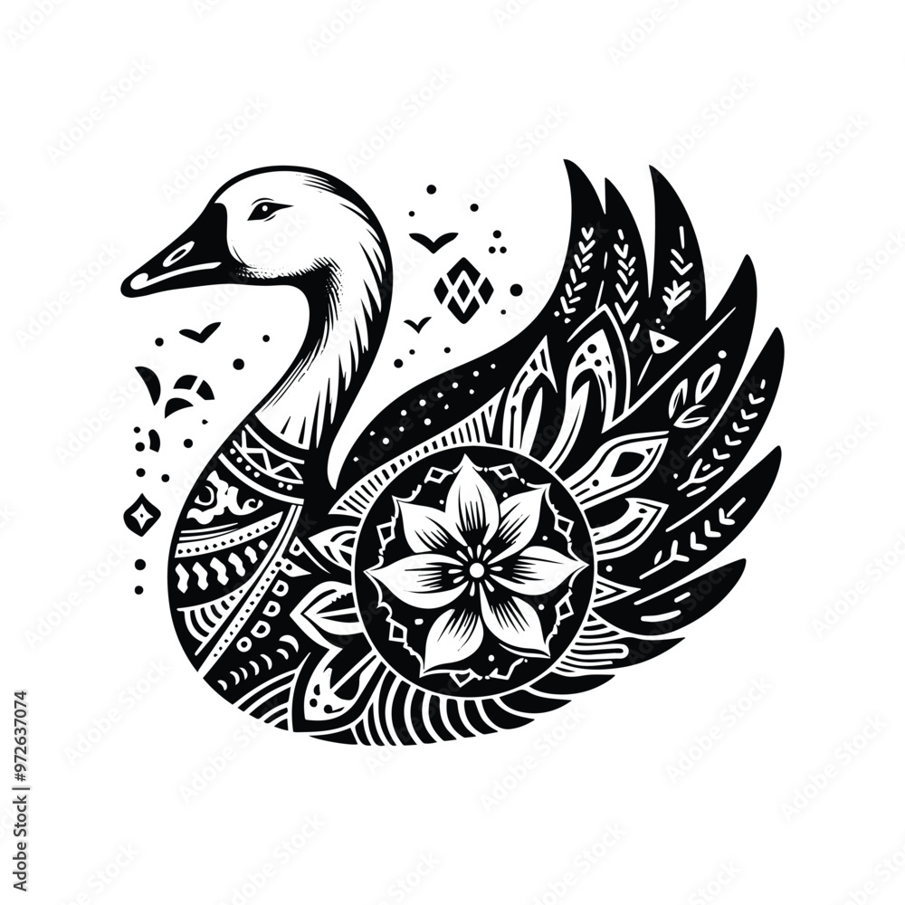 Obraz premium Goose bird in bohemian black and white silhouette illustration