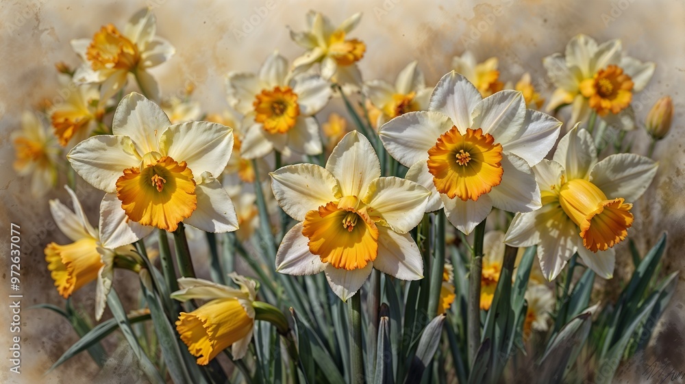 Obraz premium Narcissus flowers in full bloom with bright colors on a soft blurred background