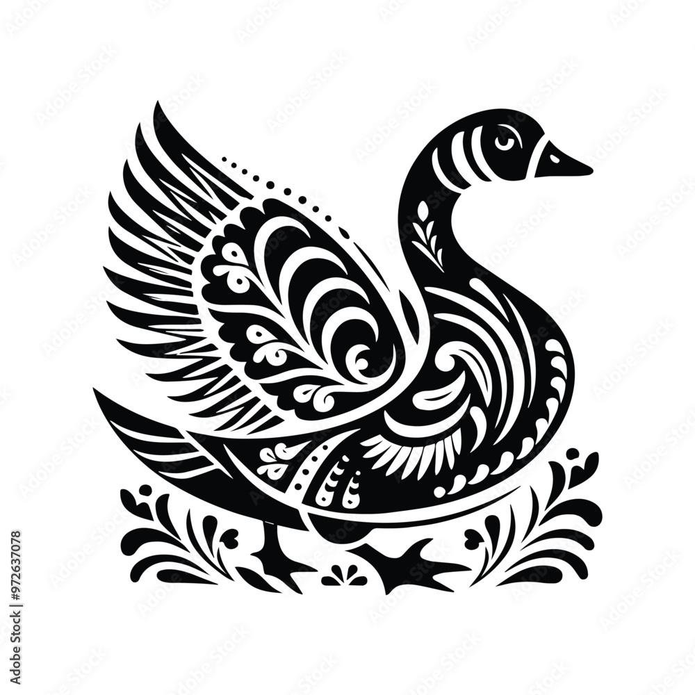 Obraz premium Goose bird in folk art black and white silhouette illustration
