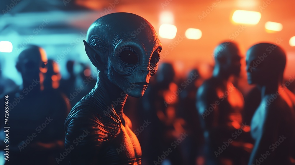 Alien in a futuristic setting with moody lighting, surrounded by other beings, creating a mysterious and cinematic atmosphere. Alien in a futuristic setting with moody lighting, surrounded by other beings, creating a mysterious and cinematic atmosphere.