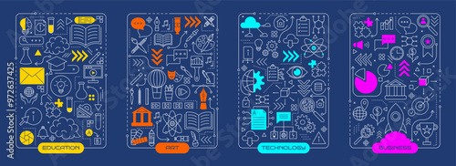 Technology education infographic. People brainstorm. Line icons. Startup creative art. Business process. Abstract graphic diagram. Smart brain. Search system concept. Vector garish flat pictograms set