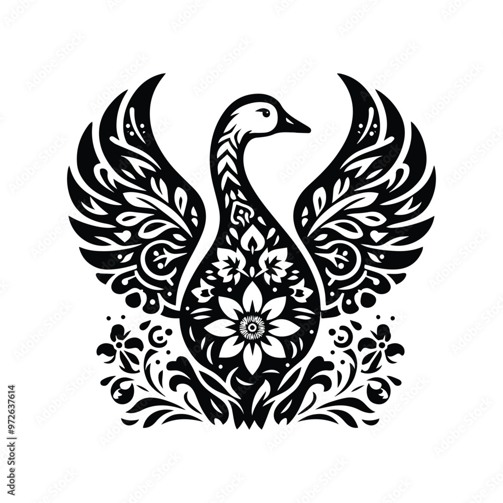 Obraz premium Goose bird in folk art black and white silhouette illustration