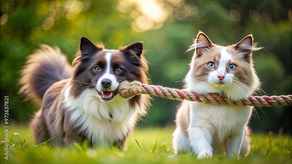 Border collie and Ragdoll cat playing tug-of-war with a rope toy Border collie and Ragdoll cat playing tug-of-war with a rope toy