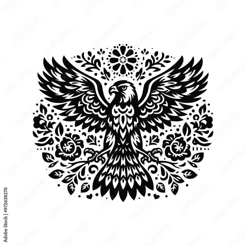 Fototapeta premium Hawk bird in folk art black and white silhouette illustration