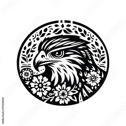 Hawk bird in folk art black and white silhouette illustration