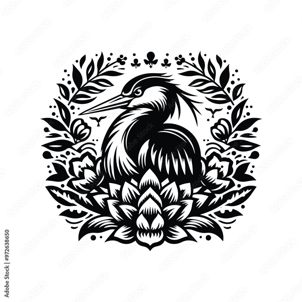Heron bird in folk art black and white silhouette illustration Heron bird in folk art black and white silhouette illustration