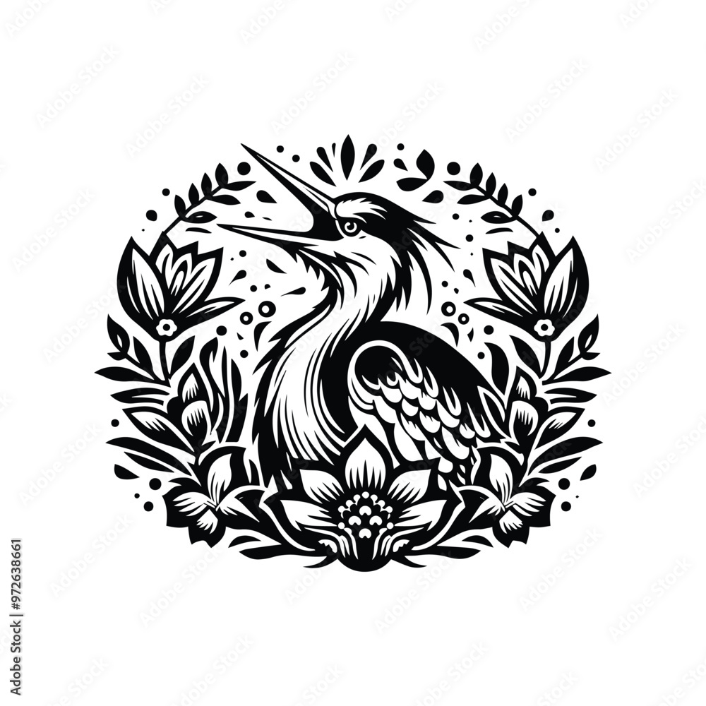 Heron bird in folk art black and white silhouette illustration Heron bird in folk art black and white silhouette illustration