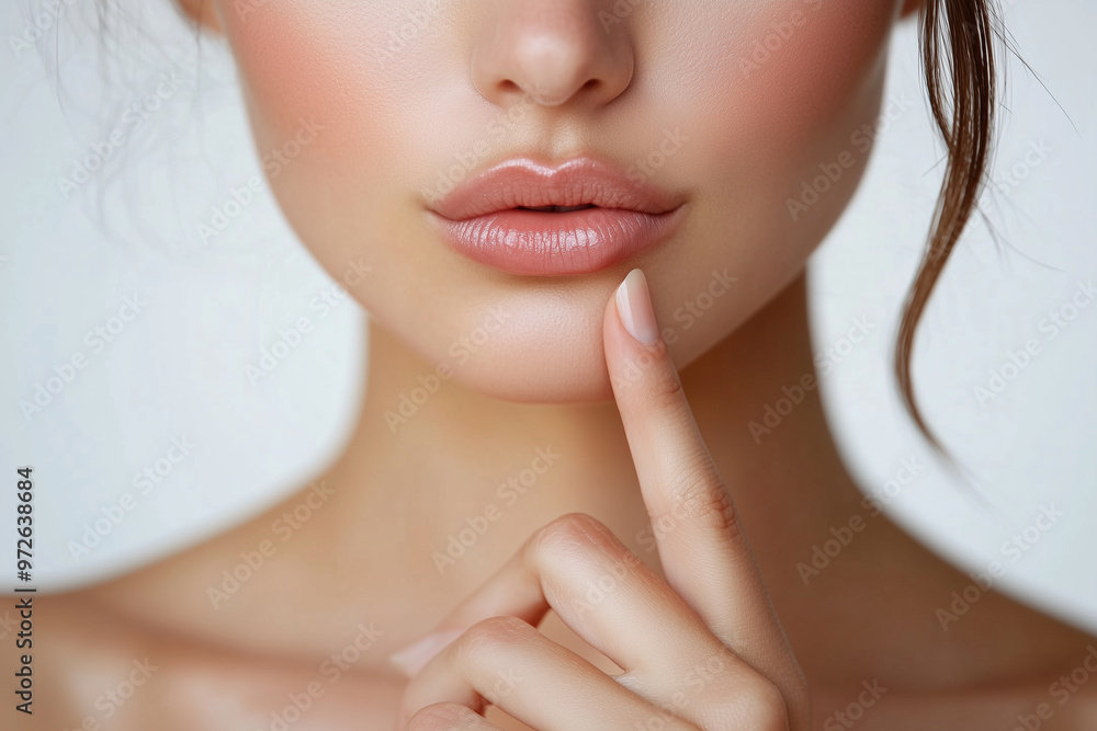 A soft moment of contemplation with gentle fingers tracing lips in serene light A soft moment of contemplation with gentle fingers tracing lips in serene light