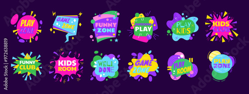Childish logo. Playground icon design. Baby party banner. Children game label. Kids playroom poster. Kindergarten leisure. Funny cartoon sticker. Amusement park badge. Vector play garish signs set