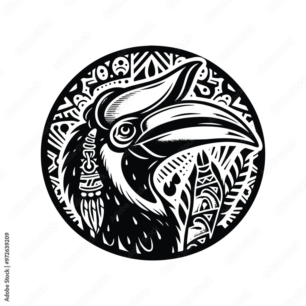 Hornbill bird in bohemian black and white silhouette illustration Hornbill bird in bohemian black and white silhouette illustration