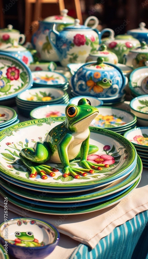 getöpfertes Kindergeschirr mit einem Froschmotiv getöpfertes Kindergeschirr mit einem Froschmotiv