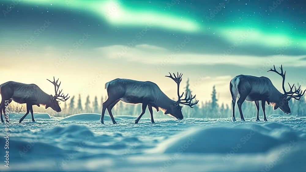 A serene winter scene featuring reindeer grazing under the vibrant northern lights illuminating the snowy landscape. A serene winter scene featuring reindeer grazing under the vibrant northern lights illuminating the snowy landscape.