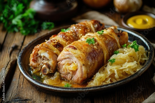 Plate of eisbein, or boiled pork knuckle, served with sauerkraut and mustard