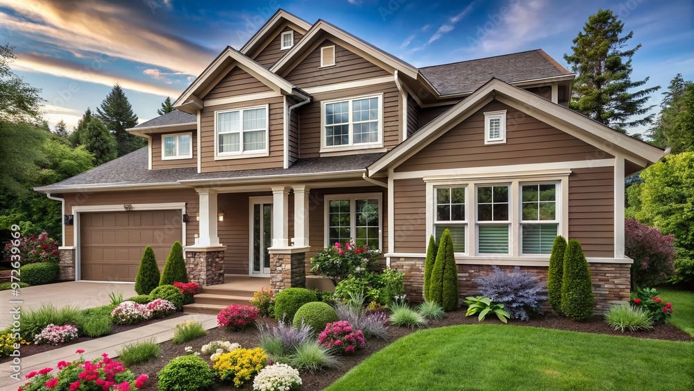 Modern house exterior with horizontal vinyl siding in earthy tones, accented by white trim and shutters, surrounded by Modern house exterior with horizontal vinyl siding in earthy tones, accented by white trim and shutters, surrounded by