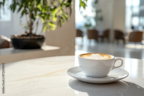 Cup of coffee with latte art on table in sunny cafe