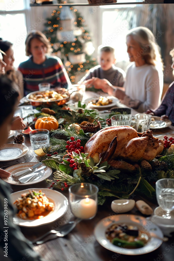 A family gathered around a dinner table for a Christmas feast, with a roasted turkey, seasonal side dishes, and holiday decorations creating a warm and inviting atmosphere. A family gathered around a dinner table for a Christmas feast, with a roasted turkey, seasonal side dishes, and holiday decorations creating a warm and inviting atmosphere.