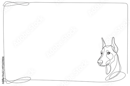 Line Art Doberman Dog Frame. One Continuous Line Drawn Border Isolated on White. Minimalist Black and White Doodle Sketch Illustration. Advertising Letter Blank Page Template. Editable Vector Symbol	
