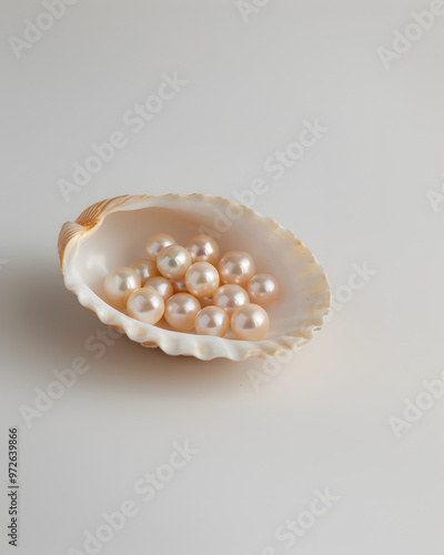 Series of cultured pearls, grouped together inside a large, white shell.