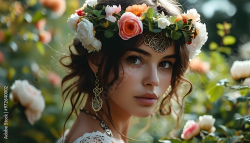 Celtic girl adorned with a flower crown immersed in a vibrant flower garden