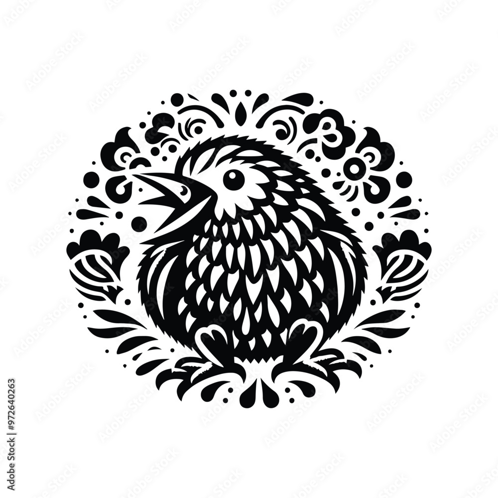 Kiwi bird in folk art black and white silhouette illustration Kiwi bird in folk art black and white silhouette illustration