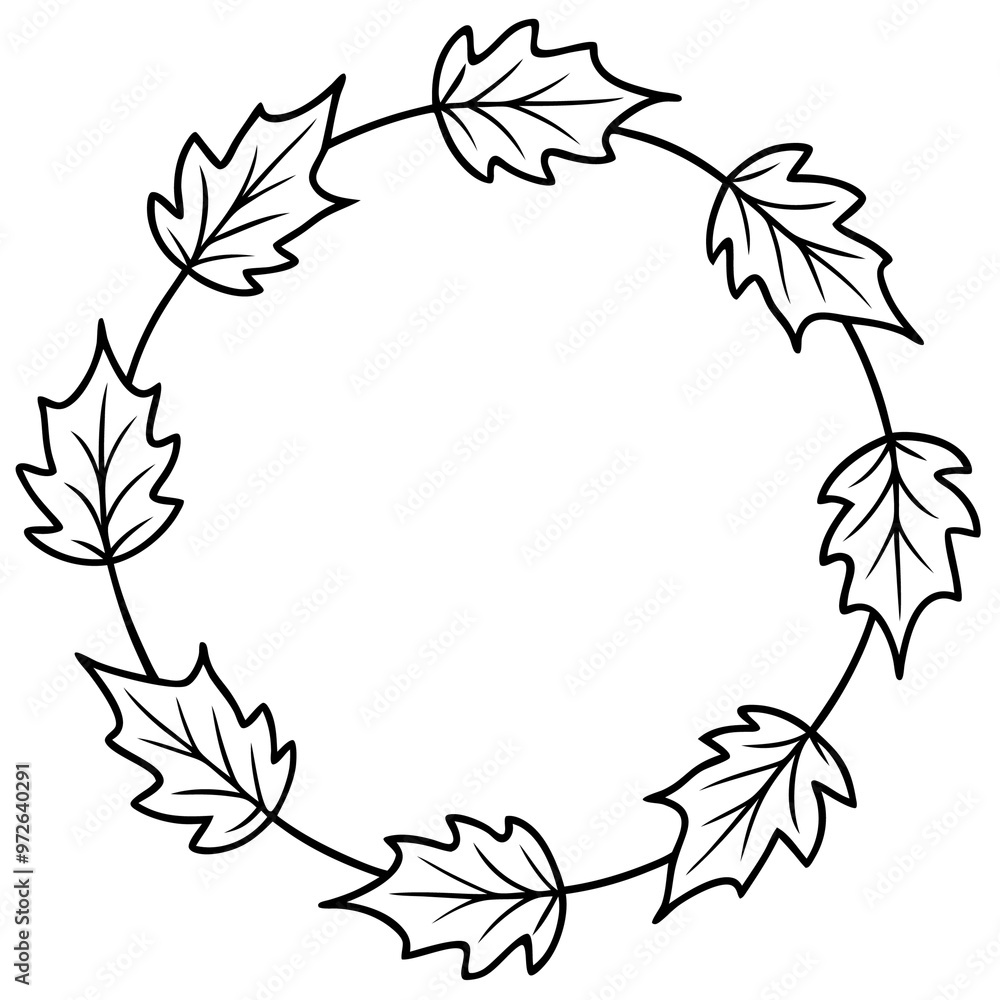 autumn leaves circle frame outline coloring book page line art drawing