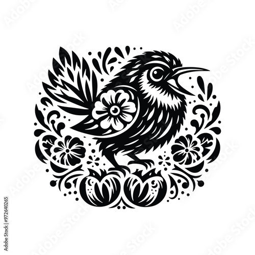 Kiwi bird in folk art black and white silhouette illustration
