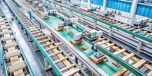 Automated Assembly Line in Modern Factory. A photograph of a manufacturing facility featuring rows of machines and equipment, with a focus on the production line and automation.