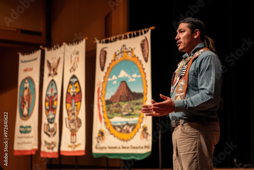 adult male activist speaking at conference on stage with banners. Native American heritage day photo