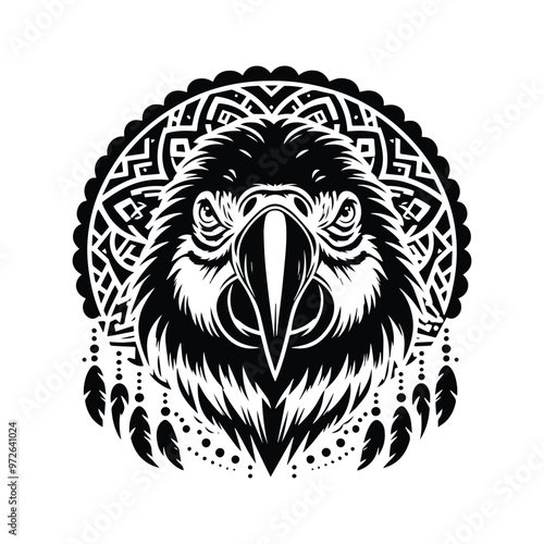 Macaw bird in bohemian black and white silhouette illustration