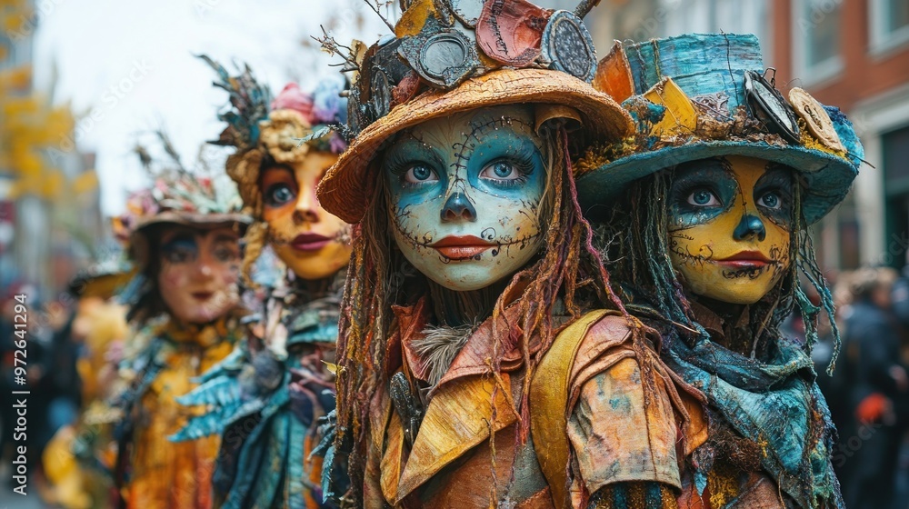 Colorful figures resembling scarecrows in a festive parade. Colorful figures resembling scarecrows in a festive parade.