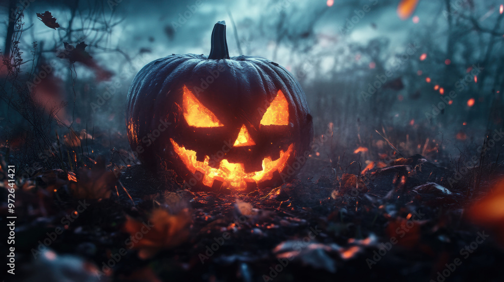 A glowing jack o lantern sits amidst fallen leaves in dark, eerie landscape, evoking spirit of Halloween. ominous atmosphere enhances festive yet spooky vibe A glowing jack o lantern sits amidst fallen leaves in dark, eerie landscape, evoking spirit of Halloween. ominous atmosphere enhances festive yet spooky vibe