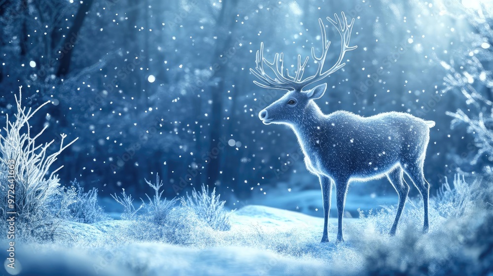 A graceful deer standing in a serene, snowy forest, illuminated by soft light and surrounded by falling snowflakes. A graceful deer standing in a serene, snowy forest, illuminated by soft light and surrounded by falling snowflakes.
