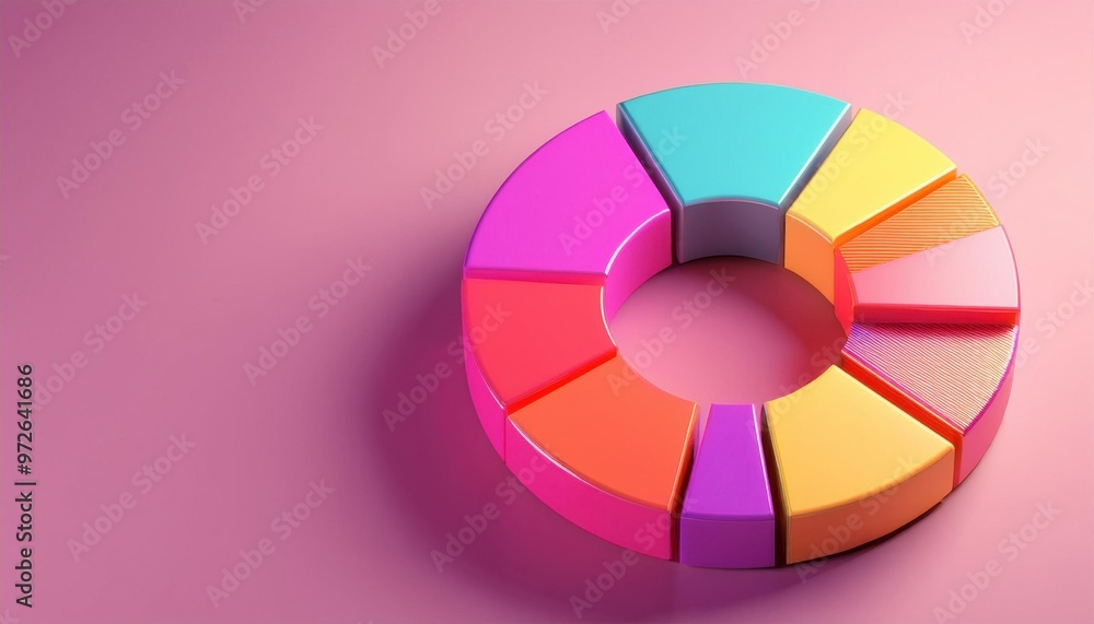 Colorful 3D pie chart on a pink background representing data visualization, business analysis, and statistical information. Colorful 3D pie chart on a pink background representing data visualization, business analysis, and statistical information.