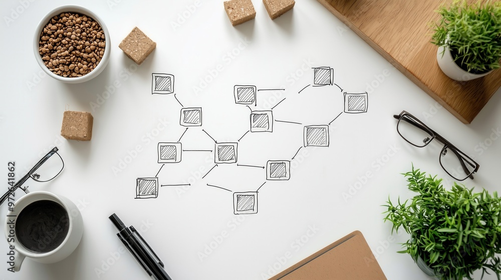 A creative workspace featuring a sketch of a mind map, coffee, plants, and stationery for brainstorming ideas. A creative workspace featuring a sketch of a mind map, coffee, plants, and stationery for brainstorming ideas.