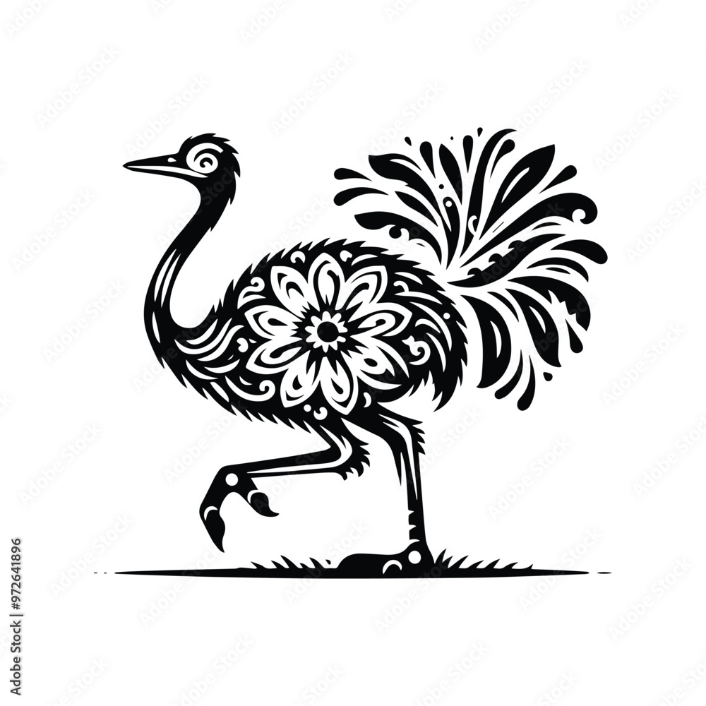 Naklejka premium Ostrich bird in folk art black and white silhouette illustration