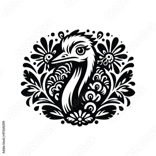 Ostrich bird in folk art black and white silhouette illustration