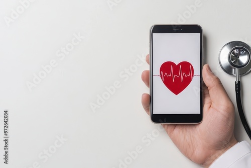 A hand holding a smartphone displaying a heart rate monitor graphic, symbolizing health and technology integration.