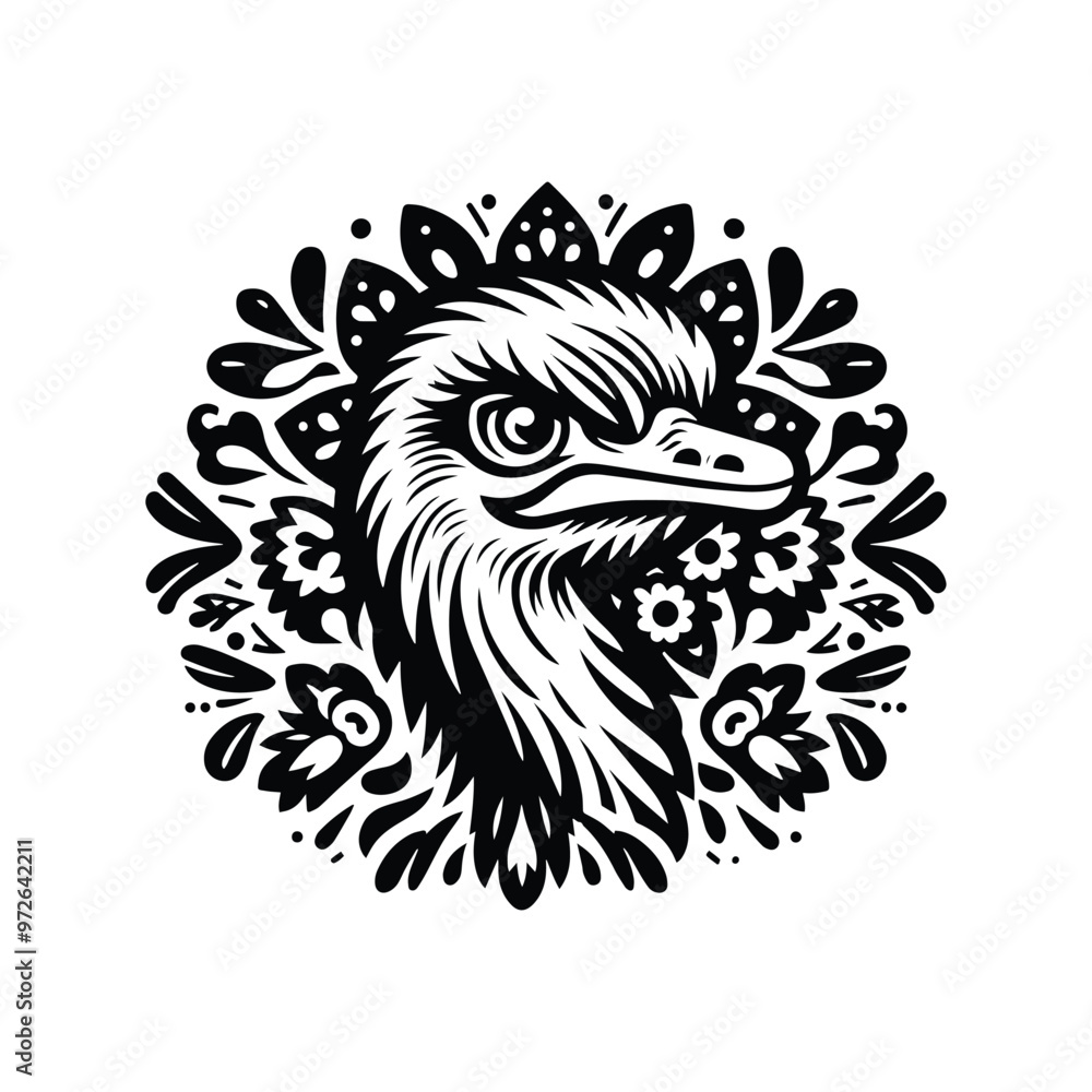 Ostrich bird in folk art black and white silhouette illustration Ostrich bird in folk art black and white silhouette illustration