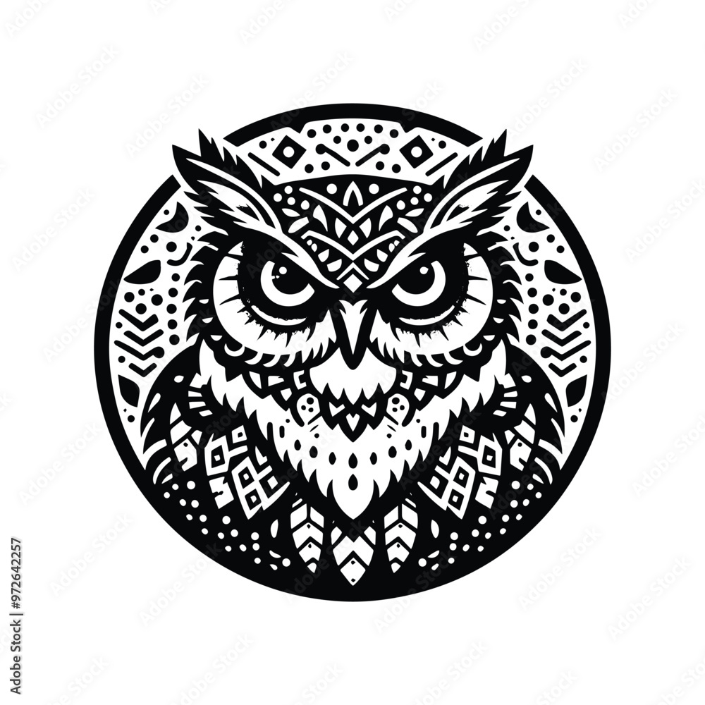 Obraz premium Owl bird in bohemian black and white silhouette illustration