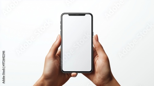 A person holding a modern smartphone with a blank screen, perfect for showcasing app designs or digital content.