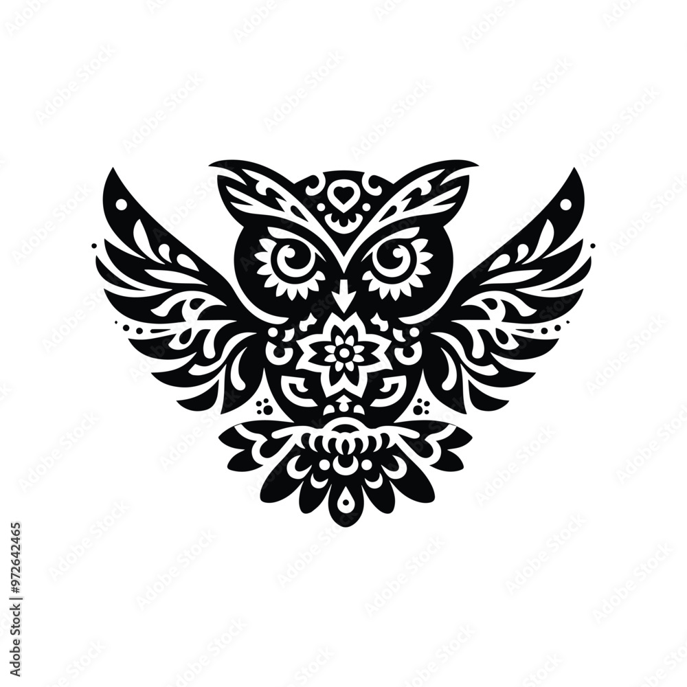Fototapeta premium Owl bird in folk art black and white silhouette illustration