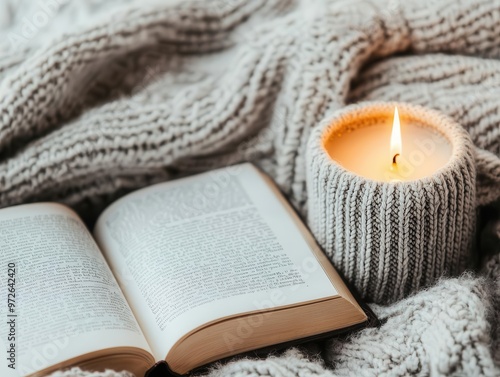 Cozy evening routine with a book, blanket, and candlelight, next to herbal tea, creating a calm and relaxing atmosphere Evening routine, Relaxation and self-care