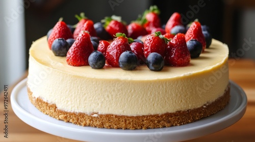 A classic New York-style cheesecake topped with fresh strawberries and blueberries, resting on a white cake stand.