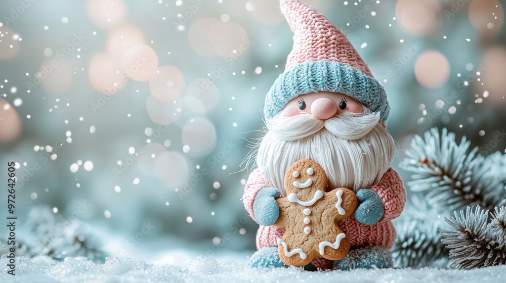 Charming holiday figure with gingerbread cookie, surrounded by snow and festive lights, evoking warmth and Christmas cheer. Charming holiday figure with gingerbread cookie, surrounded by snow and festive lights, evoking warmth and Christmas cheer.