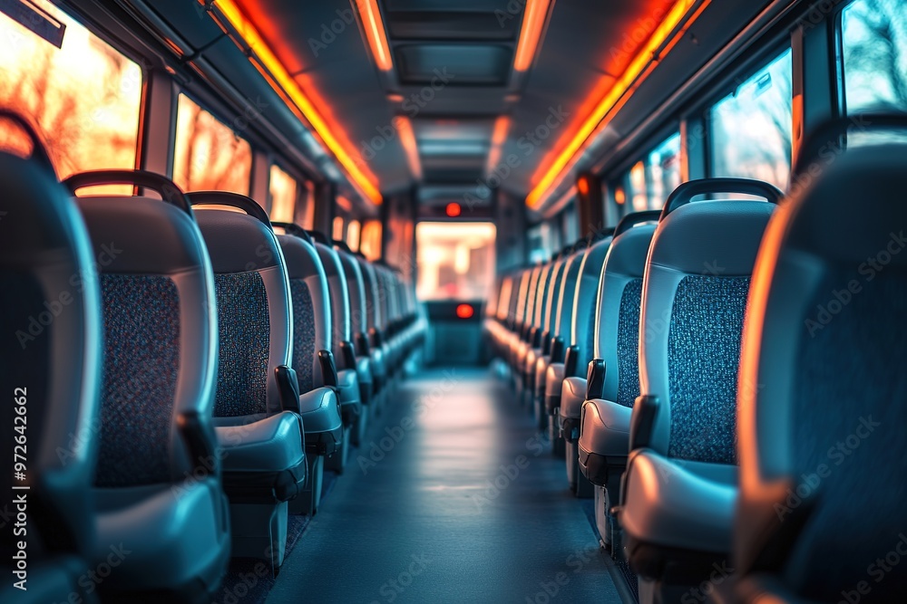 Empty bus interior with sunset light casting warm glow Empty bus interior with sunset light casting warm glow