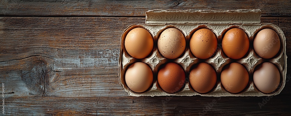 Fresh eggs in a carton on a wooden surface, showcasing a variety of natural colors and textures for culinary use. Fresh eggs in a carton on a wooden surface, showcasing a variety of natural colors and textures for culinary use.