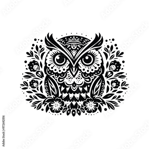 Owl bird in folk art black and white silhouette illustration